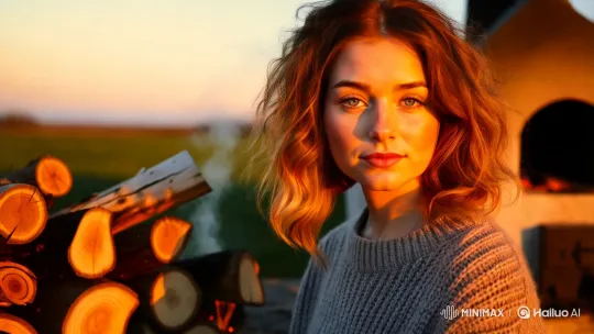 Golden Hour Portrait: Woman by Russian Stove – AI Generated Video | Hailuo AI