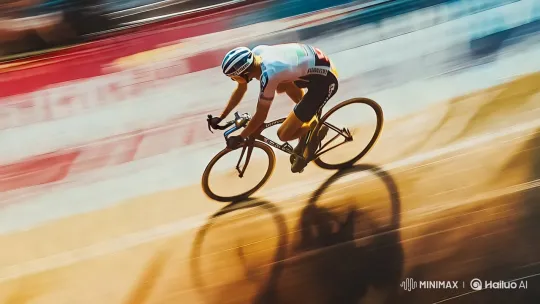 Biker Speeds Past Finish Line in Dynamic Tracking Shot – AI Generated Video | Hailuo AI