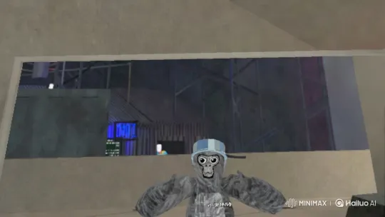 Monkey in Blue Cap Prepares for Fight in Industrial Setting – AI Generated Video | Hailuo AI