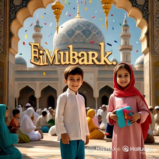 Eid Mubarak: Children Celebrate at Ornate Mosque – AI Generated Video | Hailuo AI
