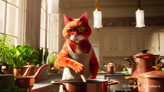Red Cat Cooks with Grace in Sunlit Kitchen – AI Generated Video | Hailuo AI