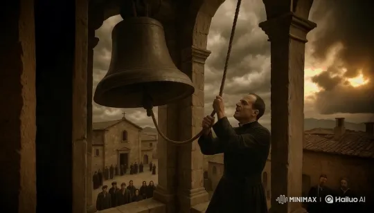 Historical Bell Tower Toll: A Solemn Village Gathering – AI Generated Video | Hailuo AI