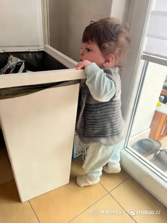 Curious Child Explores Trash Bin in Kitchen – AI Generated Video | Hailuo AI