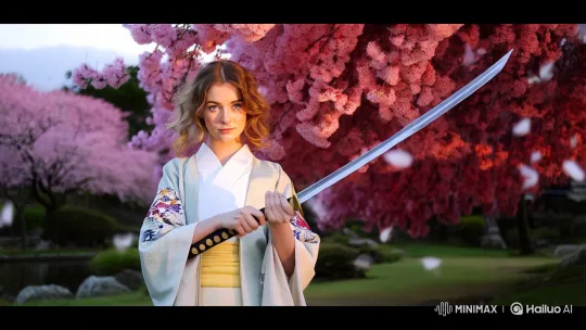 Portrait of Graceful Woman with Katana in Japanese Garden – AI Generated Video | Hailuo AI