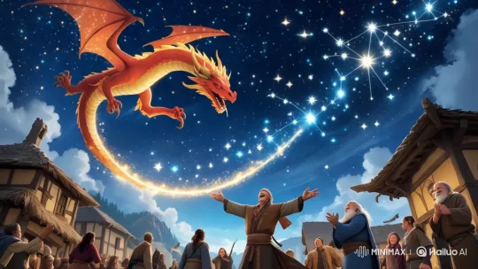 Dragon's Flight Ignites Constellations Over Village Celebration – AI Generated Video | Hailuo AI