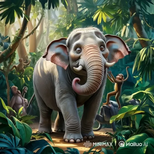 Jungle Harmony: Elephant, Monkeys, and Vibrant Nature – AI Generated Video | Hailuo AI