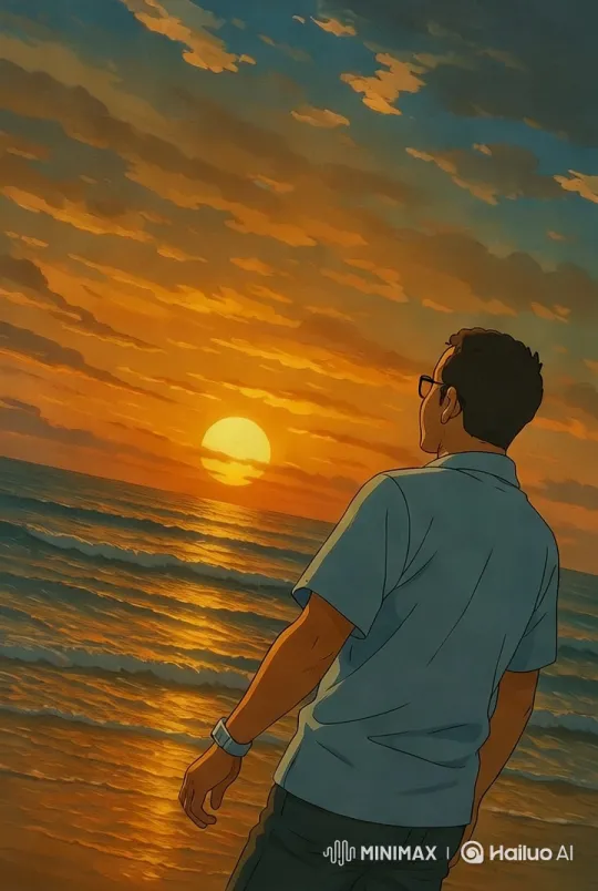 Contemplative Man Observes Serene Sunset at Beach – AI Generated Video | Hailuo AI