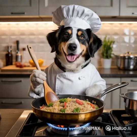 Dog Chef Preparing Meal in Artistic Kitchen Setting – AI Generated Video | Hailuo AI