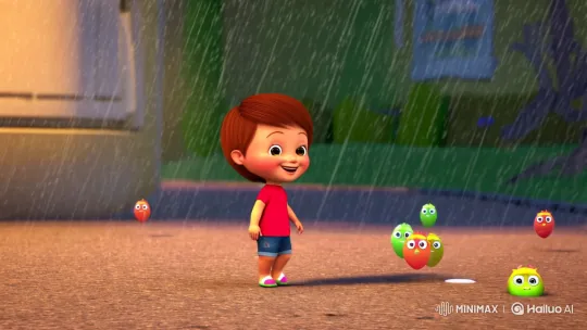 Child and Animated Raindrops Dance in Joyful Delight – AI Generated Video | Hailuo AI
