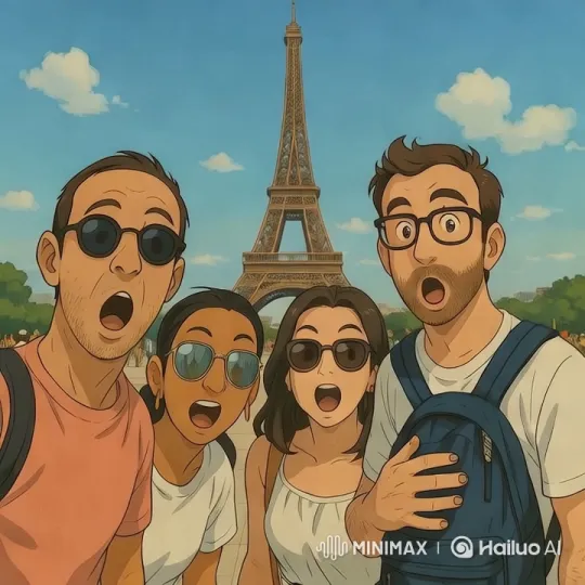 Friends Pose at Grand Eiffel Tower on Sunny Day – AI Generated Video | Hailuo AI