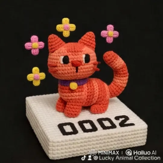 Artistic Crocheted Cat Display on Dark Background – AI Generated Video | Hailuo AI