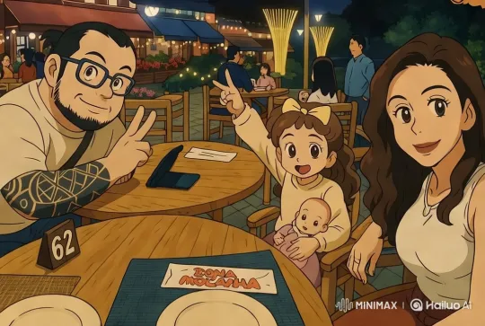 Family Outing at a Lively Outdoor Restaurant – AI Generated Video | Hailuo AI
