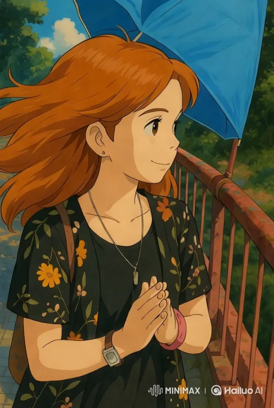 Redheaded Woman in Serene Bridge Scene with Greenery – AI Generated Video | Hailuo AI