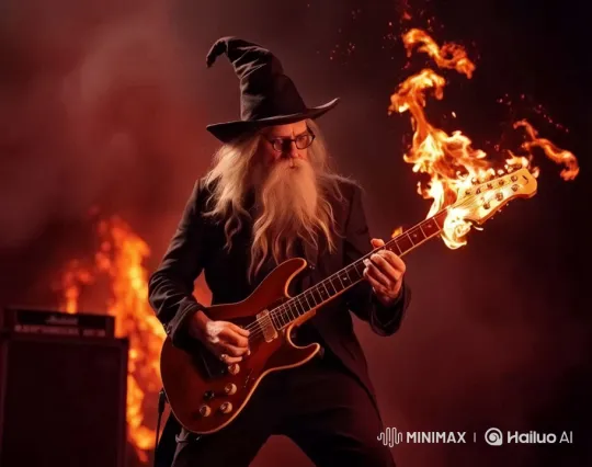 Wizard Rocking Out with Flames in Dramatic Performance – AI Generated Video | Hailuo AI