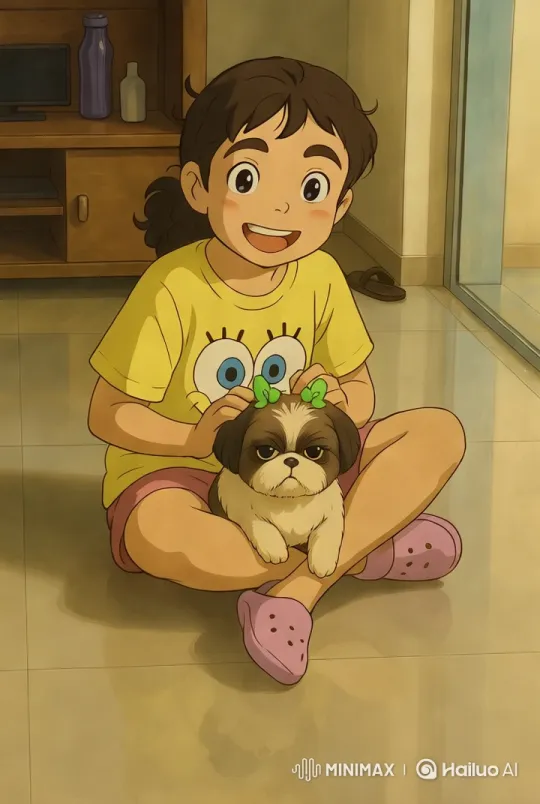 Young Girl and Her Grumpy Dog in Cozy Room – AI Generated Video | Hailuo AI