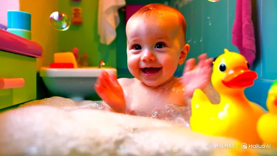 Baby's Joyful Splash in Whimsical Cartoon Bathroom – AI Generated Video | Hailuo AI