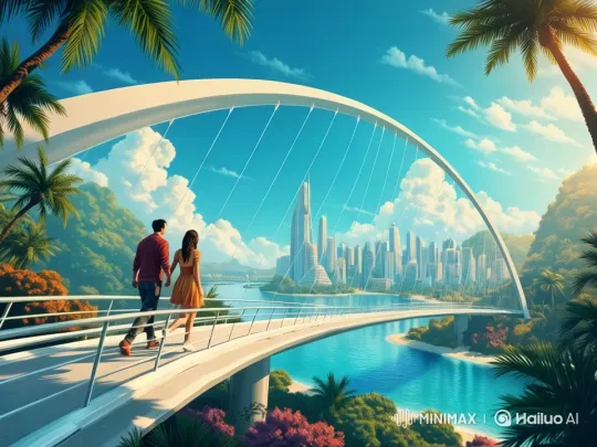 Couple's Serene Walk Across Futuristic Bridge – AI Generated Video | Hailuo AI