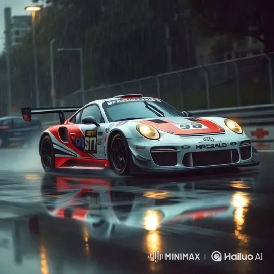 Dynamic Red and White Race Car on Wet Track – AI Generated Video | Hailuo AI