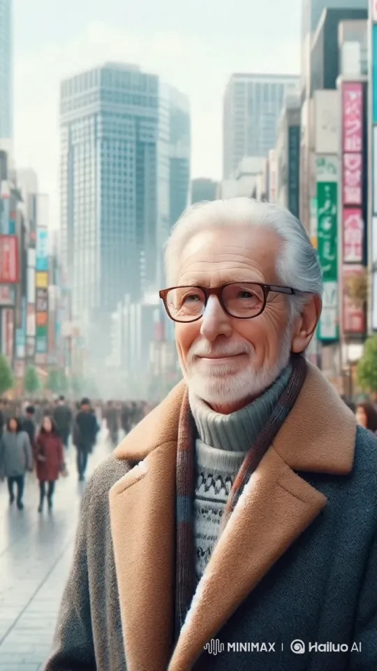 Elderly Man Laughs Joyfully in Bustling City Street – AI Generated Video | Hailuo AI