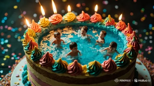 Children Enjoy Splashy Fun in Cake-Inspired Pool – AI Generated Video | Hailuo AI