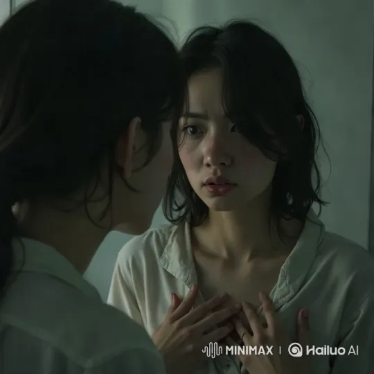 Young Woman Confronts Mysterious Figure in Mirror – AI Generated Video | Hailuo AI