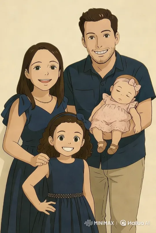 Family in Coordinated Blue Outfits Waves Goodbye – AI Generated Video | Hailuo AI