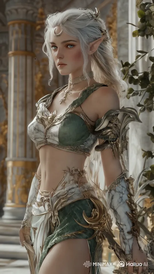 Elven Warrior Glides Through Luxurious Marble Hall – AI Generated Video | Hailuo AI