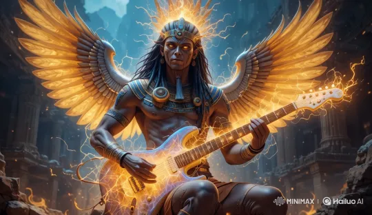 Ancient Temple Setting with Majestic Winged Figure Playing Electric Guitar – AI Generated Video | Hailuo AI
