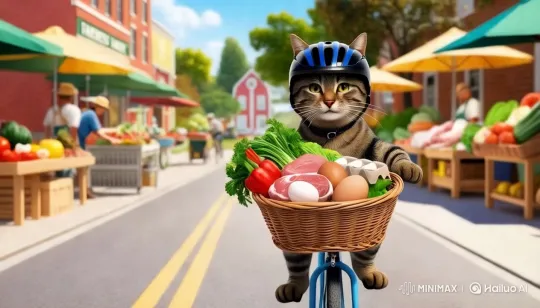 Cycling Cat Shops at Vibrant Farmer's Market – AI Generated Video | Hailuo AI