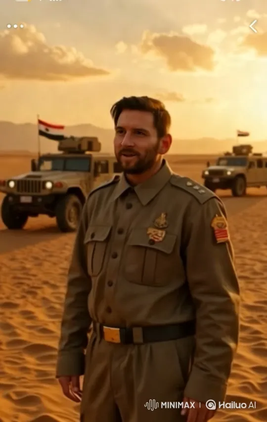 Messi in Iraqi Desert: Dramatic Sunset Cinematic Scene – AI Generated Video | Hailuo AI