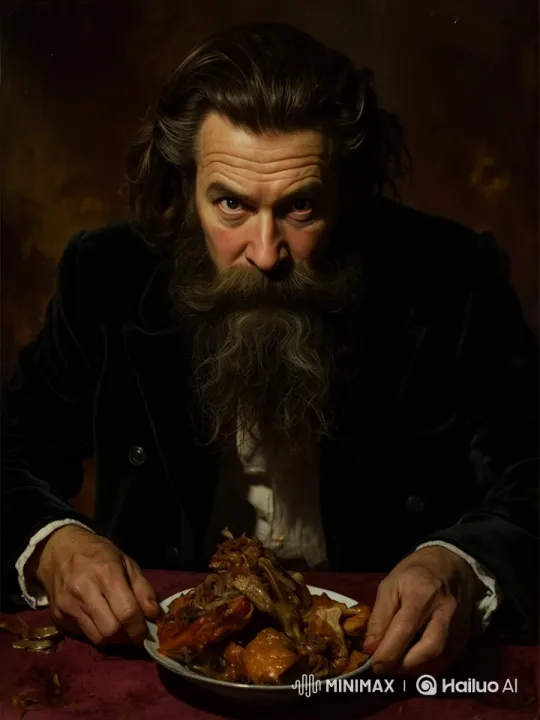 Man Gazing at Meat Plate in Dramatic Lighting – AI Generated Video | Hailuo AI
