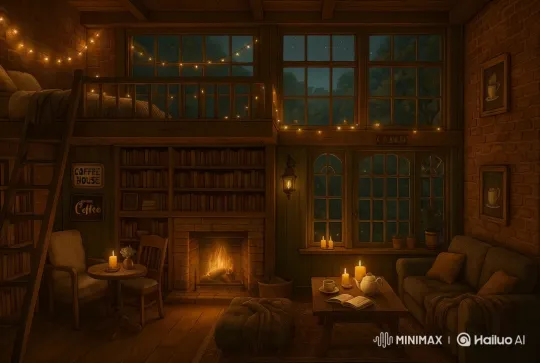Rustic Library Café: Serene Twilight Atmosphere – AI Generated Video | Hailuo AI