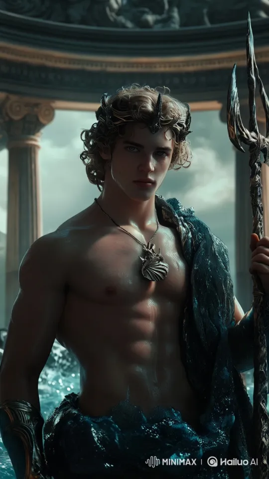 Muscular Man with Trident Amidst Ancient Columns and Waves – AI Generated Video | Hailuo AI