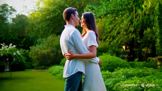Romantic Embrace in Lush Garden with Intimate Tracking Shots – AI Generated Video | Hailuo AI