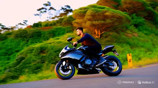 Man on Motorbike Glides Through Verdant Landscape – AI Generated Video | Hailuo AI