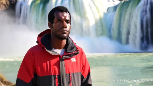 Man in Contemplation Before Majestic Waterfall – AI Generated Video | Hailuo AI