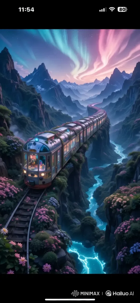 Surreal Train Glides Through Enchanted, Luminous Landscape – AI Generated Video | Hailuo AI