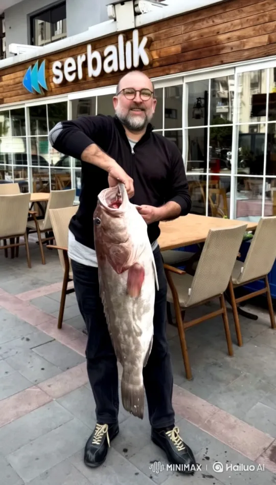 Man Showcases Giant Animated Fish at Serbalik Restaurant – AI Generated Video | Hailuo AI