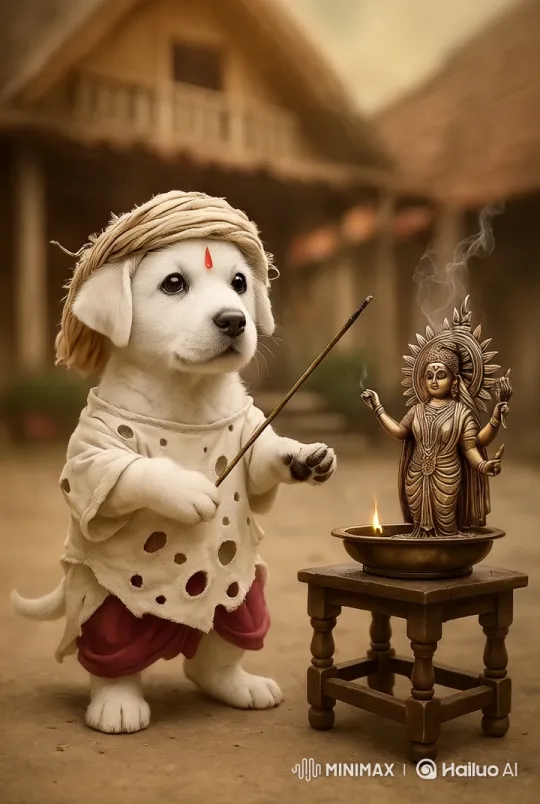 Puppy Pays Homage to Mother Goddess Statue – AI Generated Video | Hailuo AI