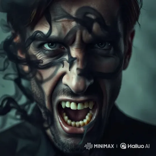 Man's Face Transforms with Glowing Eyes and Fangs – AI Generated Video | Hailuo AI