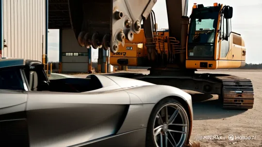 Luxury Car Destroyed by Industrial Excavator – AI Generated Video | Hailuo AI