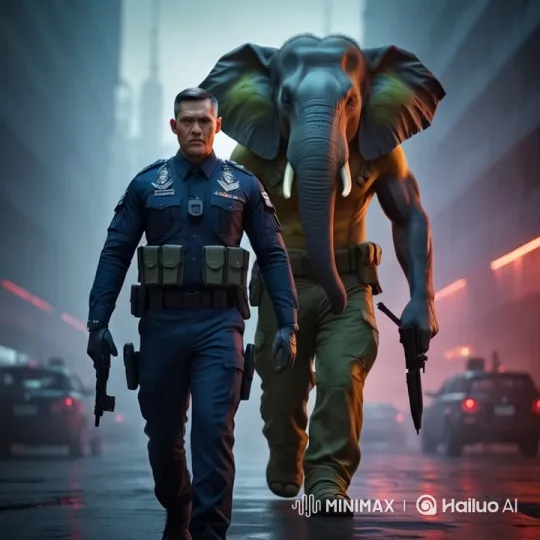 Thai Police Officer and Elephant Warrior in Futuristic City – AI Generated Video | Hailuo AI