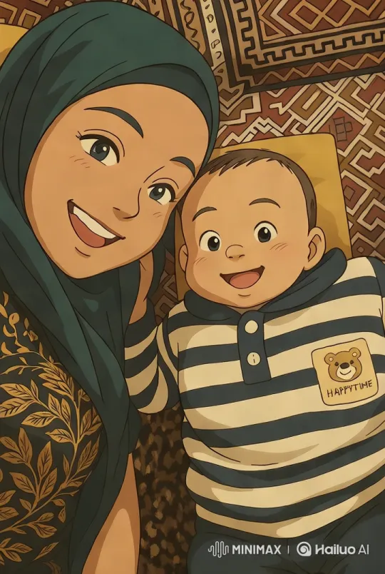 Mother and Son Share Joyful Moment on Patterned Carpet – AI Generated Video | Hailuo AI