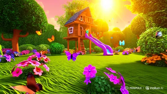 Sunlit Backyard with Treehouse and Fluttering Butterflies – AI Generated Video | Hailuo AI