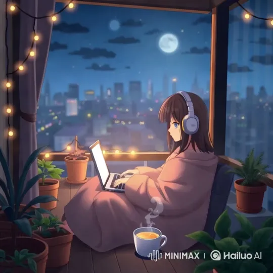Young Girl Working on Balcony at Night – AI Generated Video | Hailuo AI