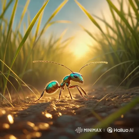 Ant's Journey Through Sunlit, Swaying Grass – AI Generated Video | Hailuo AI
