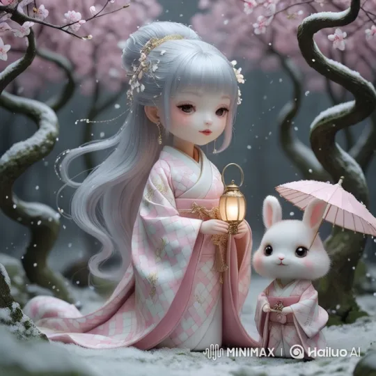Enchanted Winter Scene: Girl, Rabbit, and Cherry Blossoms – AI Generated Video | Hailuo AI