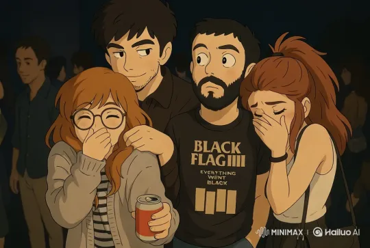 Four Friends Blushing at a Social Gathering – AI Generated Video | Hailuo AI