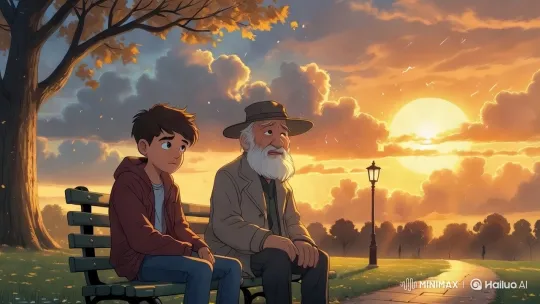 Elderly Man and Young Boy Enjoy Tranquil Sunset Moment – AI Generated Video | Hailuo AI
