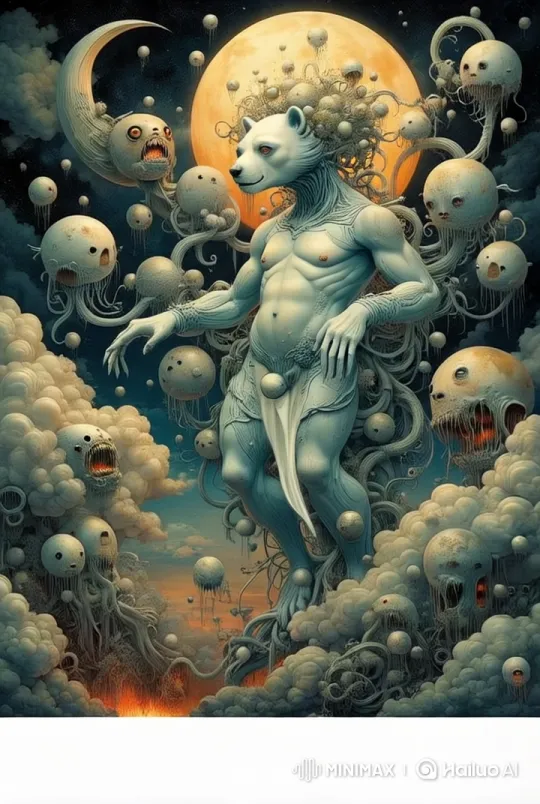 Giant Bear in Surreal Landscape with Spherical Creatures – AI Generated Video | Hailuo AI